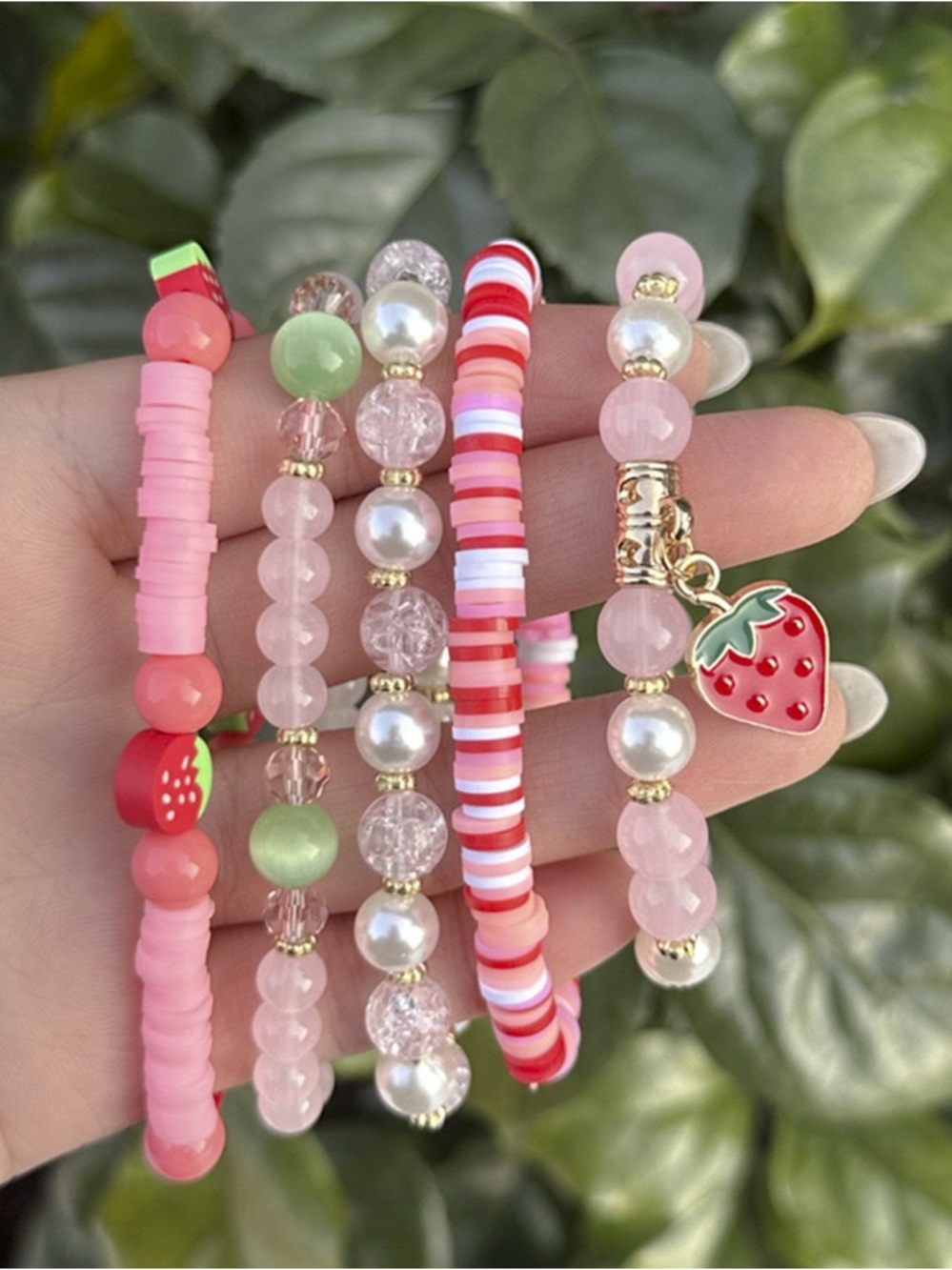 Strawberry Charm Pink Beaded Bracelet Set